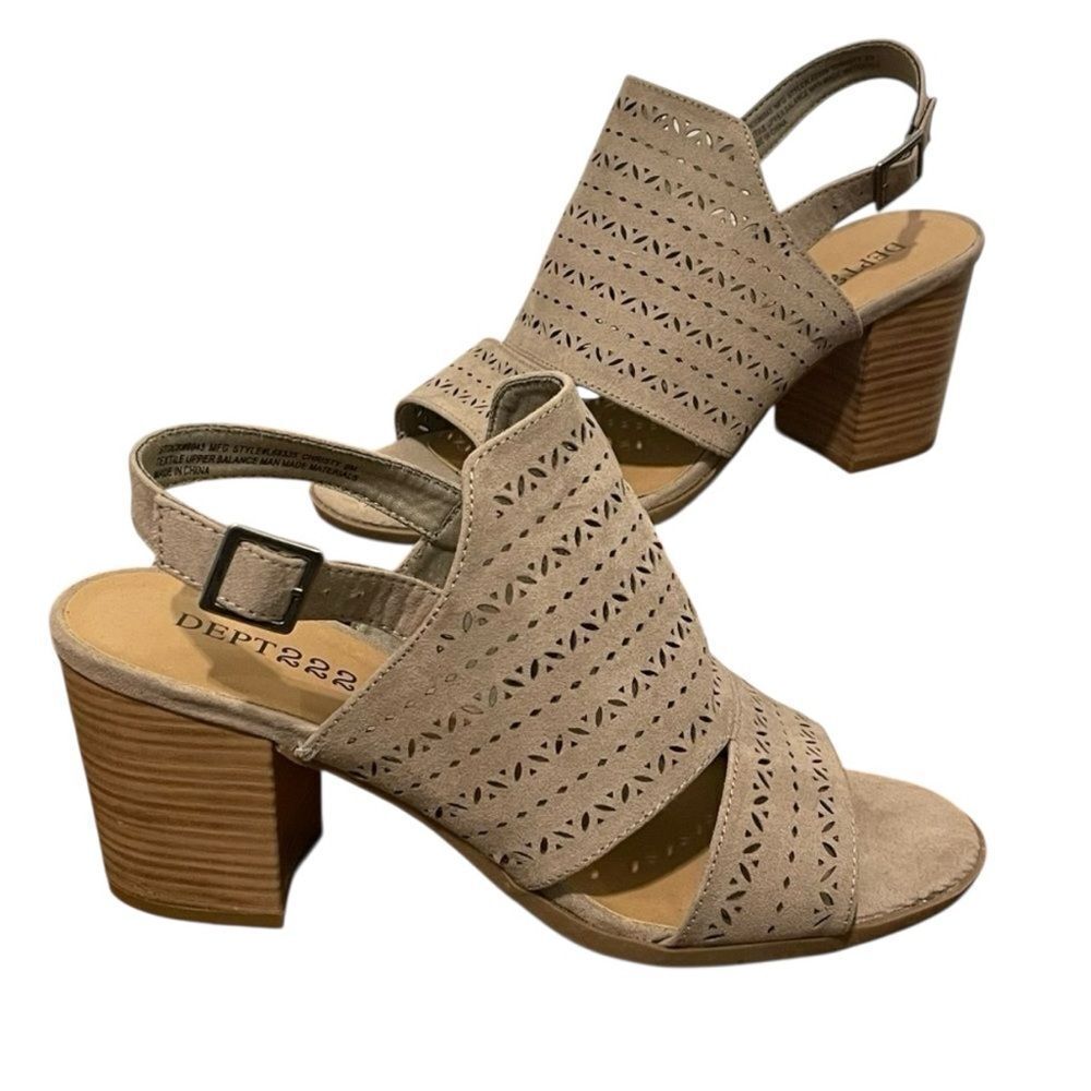 Dept 222 Women’s Laser Cut Design Vamp Block Heel Shoes Taupe Size 9